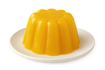 Vibrant orange gelatin dessert gleaming on white ceramic plate, transparent backdrop highlighting glossy culinary creation