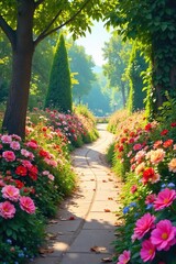 Naklejka premium A winding garden path strewn with vibrant, colorful flower bouquets, leading to a sun-drenched destination Perfect for spring, summer, wedding, or romance themes , blossoms, vibrant