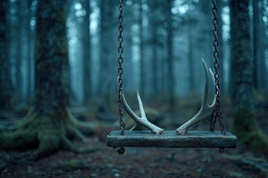 A weathered wooden swing set in a misty forest, with a pair of deer antlers resting on the seat