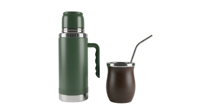Green thermos bottle and calabash mate gourd cup with straw isolated PNG with Transparent Background