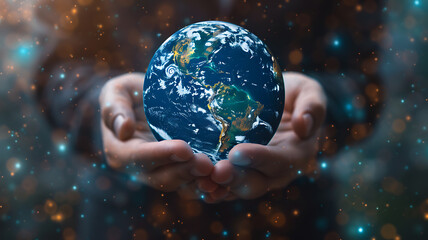 Human hands holding a vibrant world globe surrounded by ethereal lights symbolizing global unity and care.