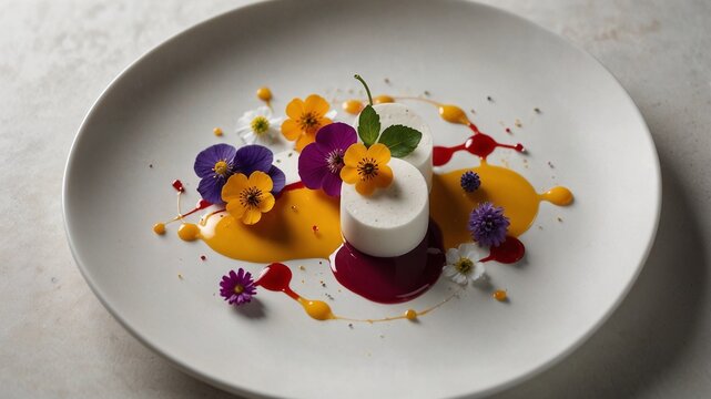 Five-star gourmet dish plated with minimalist elegance and refined decoration, showcasing culinary artistry, premium ingredients, and modern fine dining presentation in a luxury restaurant setting - Powered by Adobe