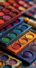 Close-up of colorful eyeshadow palettes stacked