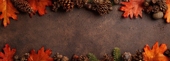 Autumn leaves and pine cones creating a frame on a dark brown background, perfect for Thanksgiving or fall themed designs