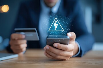 Person holding a smartphone with a lightning-bolt warning over it while using a credit card