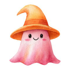 Cute ghost with witch hat on transparent background