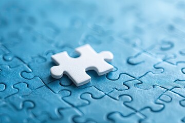 Single white puzzle piece on blue puzzle