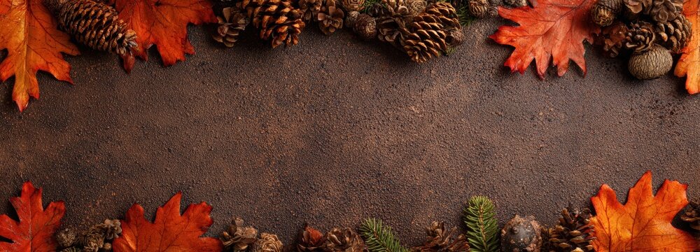 Autumn leaves and pine cones creating a frame on a dark brown background, perfect for Thanksgiving or fall themed designs