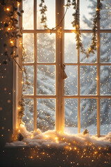 Naklejka premium ia generated. Cozy decorated window with fairy lights and garlands, soft snow. Large Window with Hanging Garlands and Fairy Lights at Golden Hour