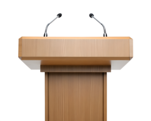 Elegant podium with polished wood surface and metal stand, isolated on white.