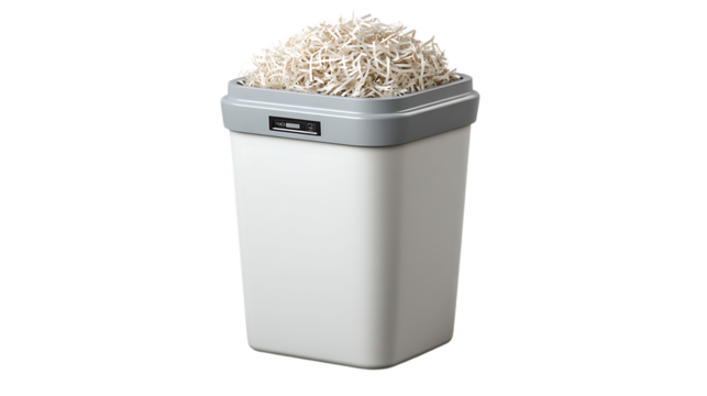 White paper shredder bin filled with shredded paper isolated on transparent background