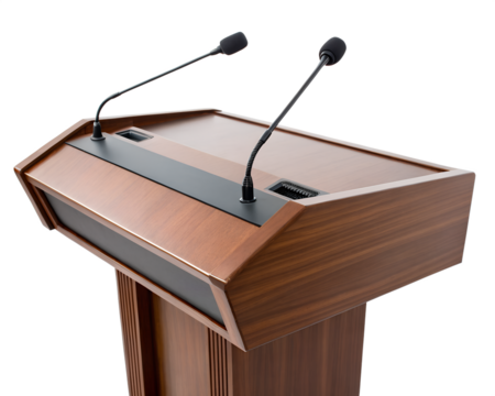 Elegant podium with polished wood surface and metal stand, isolated on white.