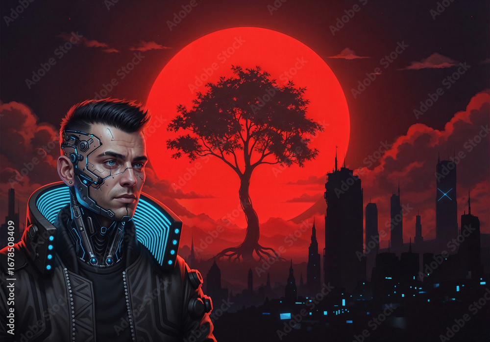 Poster cyberpunk hacker cybernetic man . generative ai