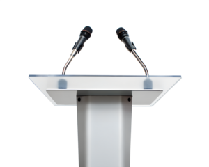 Elegant podium with polished wood surface and metal stand, isolated on white.