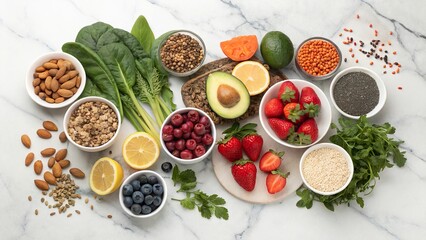 Vibrant assortment of healthy food choices featuring fruits, seeds, grains, and greens on a marble countertop