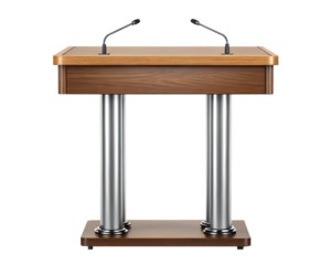 Elegant podium with polished wood surface and metal stand, isolated on white.