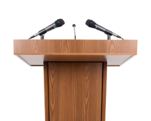 Elegant podium with polished wood surface and metal stand, isolated on white.