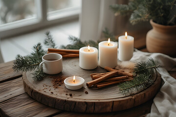 ia generated. Scandinavian style coffee table decor with white candles and natural elements. Minimalist Coffee Table with Candles, Pine Branches and Cinnamon Sticks