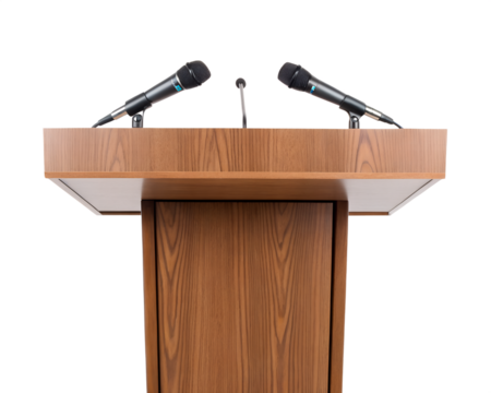 Elegant podium with polished wood surface and metal stand, isolated on white.
