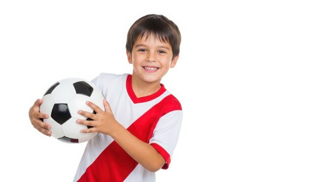 Happy young boy in soccer jersey proudly holding football. - Powered by Adobe