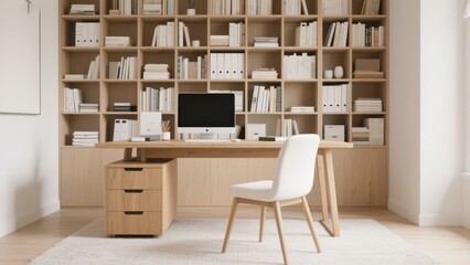 A simple and bright study room, with a desk, a computer and a wall - to - wall bookshelf, creates a comfortable atmosphere for office and study.