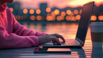 A person types on a laptop computer outdoors at sunset, with a warm, soft light illuminating the scene.