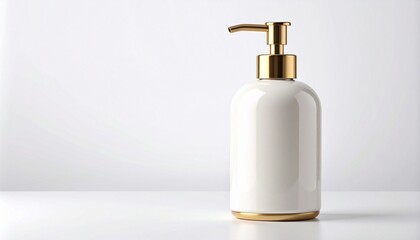 Fototapeta premium White pump bottle with gold dispenser on a reflective gray surface