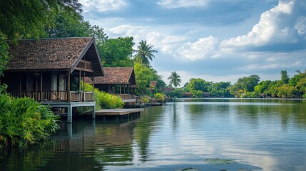 Obraz premium Serene riverside scene featuring traditional wooden houses amidst lush greenery and calm waters under a cloudy sky.