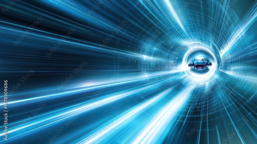 Poster a futuristic scene depicting a car traveling through a glowing tunnel, emphasizing speed and technol