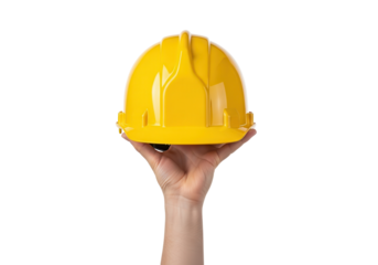 Yellow Hard Hat Safety Helmet Held by Hand Isolated on White Background