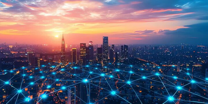 Aerial view of city skyline at sunset with network connections overplayed on the cityscape scenery, 4K Video