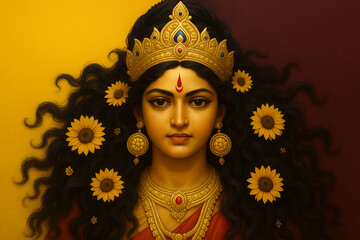 Obraz premium Beautiful portrait of durga maa with a golden crown and sunflower ornaments in her long black wavy hair, with a vibrant yellow and maroon background