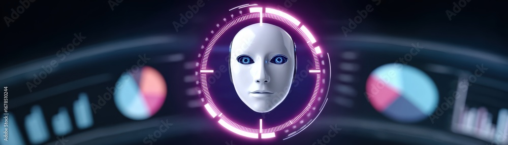 Aufkleber a futuristic robotic face displayed with digital elements and graphs, illustrating advanced technolo