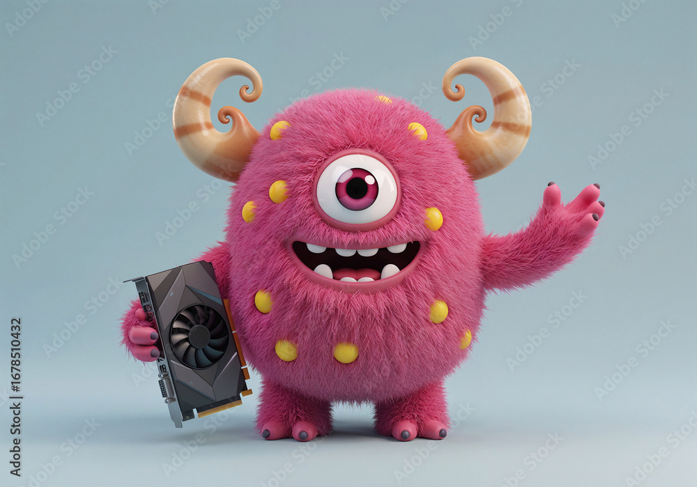 Poster funny cute monster with computer graphics card in his hands . generative ai