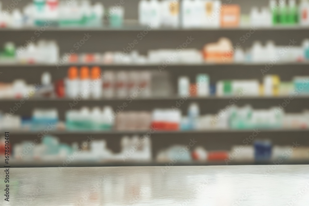 Aufkleber blurred pharmacy shelves creating a soft bokeh background, featuring an empty counter in the foregro