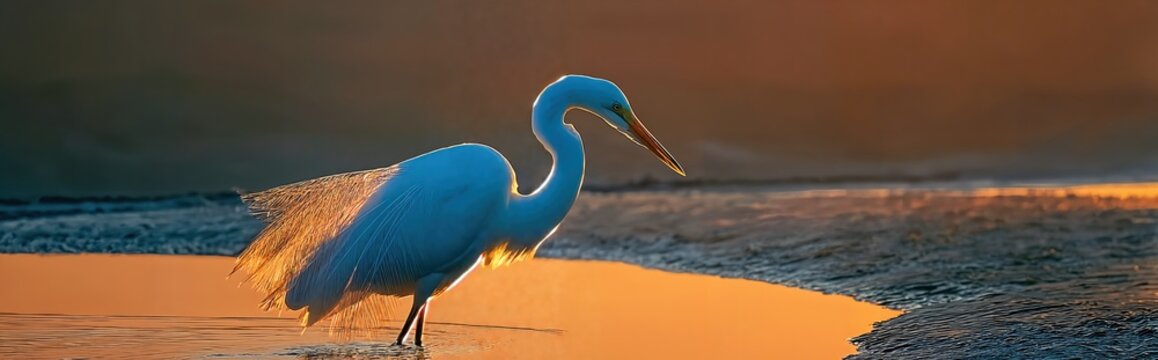 Un elegante ave zancuda se perfila contra un vibrante atardecer en la playa.