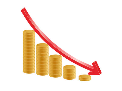 Financial downturn represented by decreasing stack of gold coins and red arrow