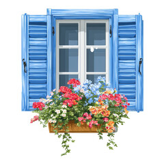 Window box with flowers on transparent background