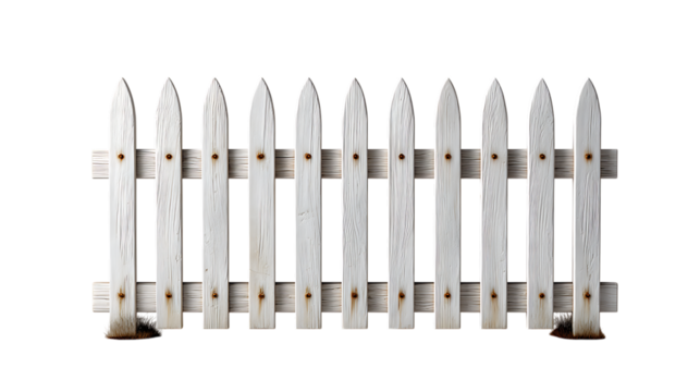 White wooden picket fence section isolated on transparent background
