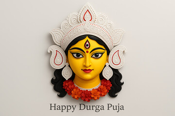 A white clay-style sculpture of durga maa with a yellow face and red and orange flowers garland, on a light gray background for durga puja