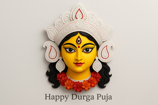 A white clay-style sculpture of durga maa with a yellow face and red and orange flowers garland, on a light gray background for durga puja