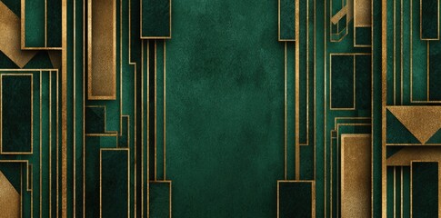 Abstract art with layered, geometric shapes in emerald green and gold