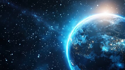 A stunning view of Earth illuminated by starlight, surrounded by the vastness of space, showcasing a cosmic perspective filled with vibrant colors.