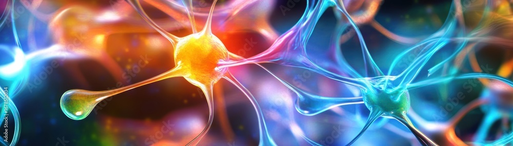 Poster a vibrant depiction of neurons interconnected with colorful synapses, illustrating the complexity of