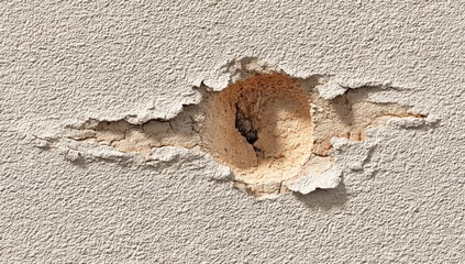 A light beige textured wall with a ragged hole.  Cracks radiate outward from the damaged area