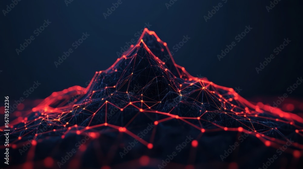 Poster a digital representation of a mountain-like structure, highlighted with red and black geometric line