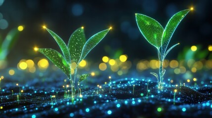 A vibrant digital representation of glowing plants sprouting from a luminous surface, symbolizing growth and vitality in a fantastical environment.