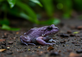 Obraz premium Purple Frog Resting on Damp Soil with Green Foliage Close-Up