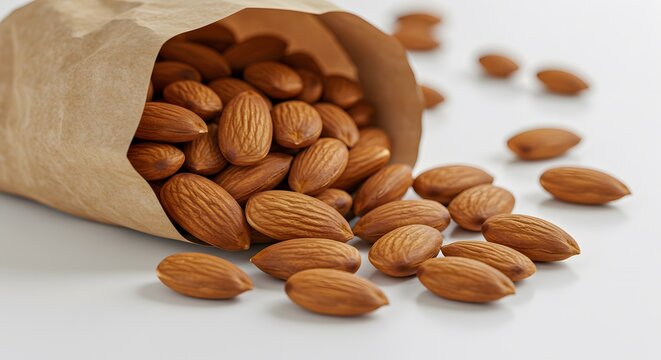 Almonds spilling from paper bag - Powered by Adobe