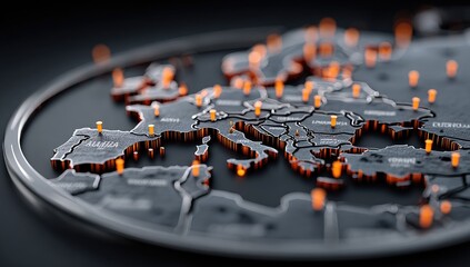 Close-up 3D map of Europe, highlighting locations with orange markers